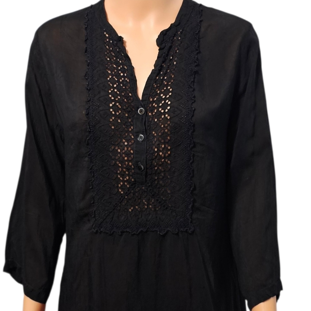 Johnny Was Black Lace Whimsigoth Embroidered Bohemian Tunic Size M